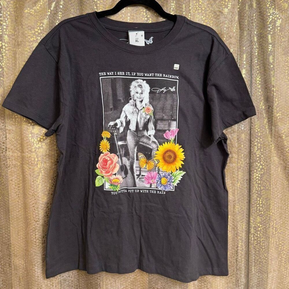 Dolly Parton Dark Gray Rainbow Floral Short Sleeve Graphic T Shirt XL NWT